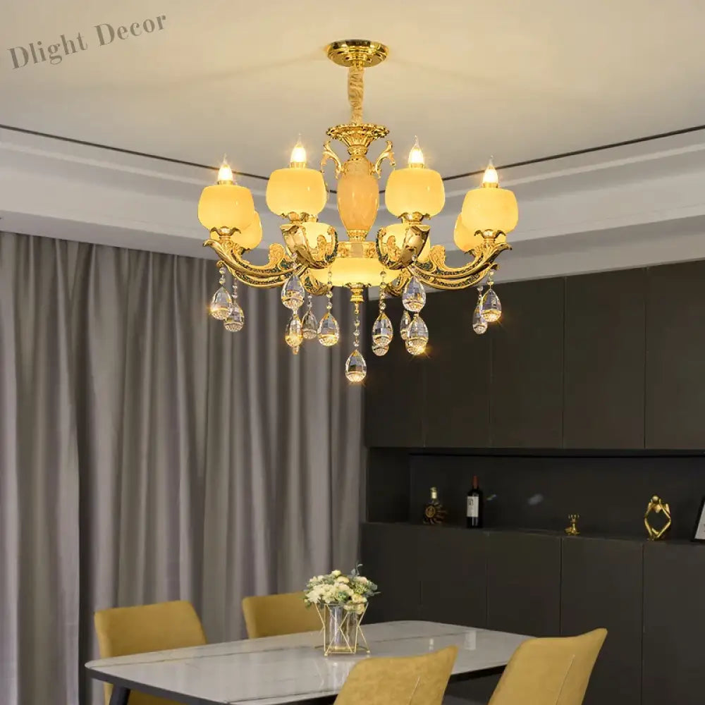 European Style Jade Crystal Chandelier - Luxury Lighting With Natural Marble Accents For Dining