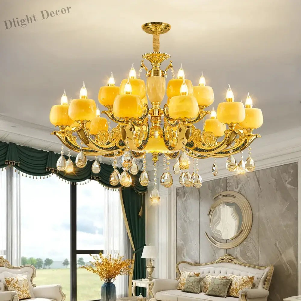 European Style Jade Crystal Chandelier - Luxury Lighting With Natural Marble Accents For Dining