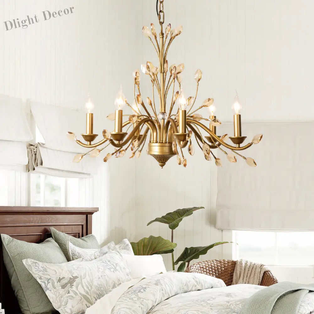 Gold Amber Crystal Branch Pendant Chandelier - Rustic Bedroom Suspension Lighting Chandelier