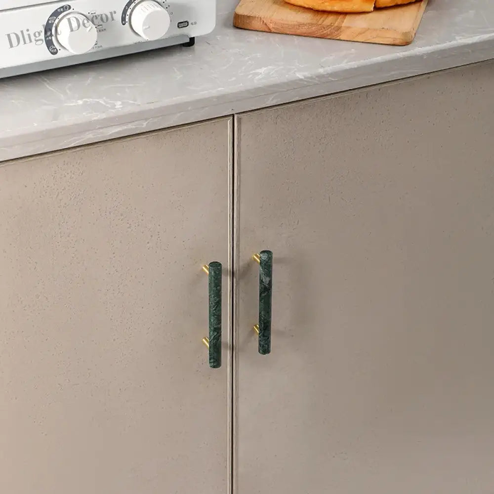 Green and White Marble Cabinet Handle – Luxury Natural Stone Drawer Pulls with Brass Base (50mm-200mm) Handles