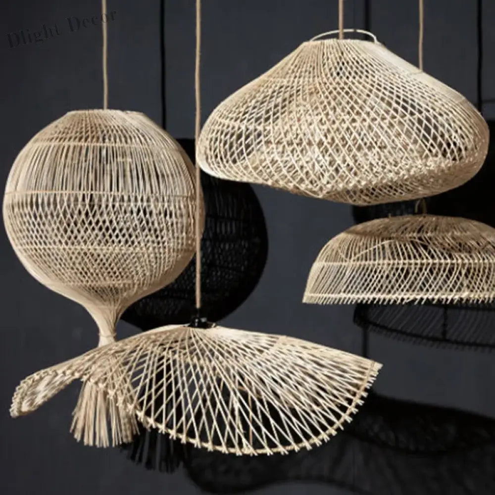 Handmade Art Rattan Pendant Lamp - Oriental Water Pattern Luminaire For Elegant Living Room And