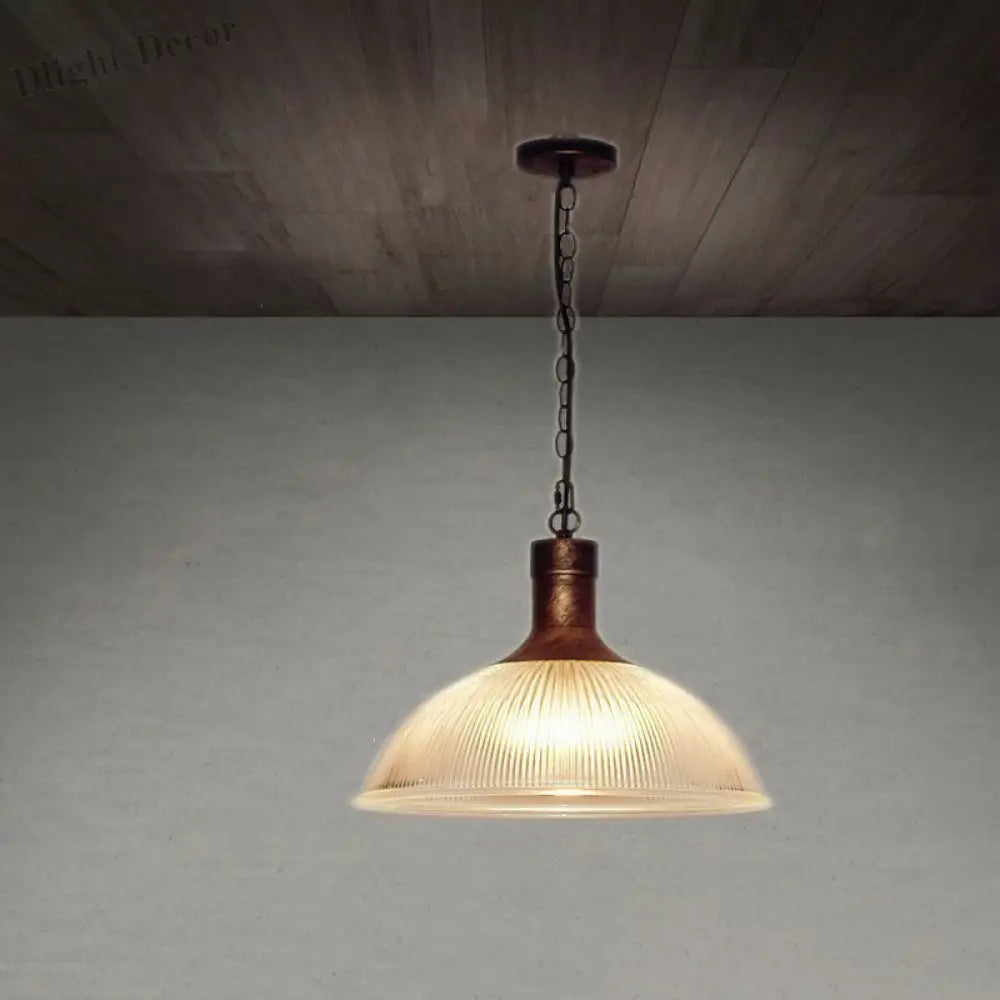 Hélène’s Clear Ribbed Glass Dome Pendant Light - Industrial Bronze Black Hanging For Living