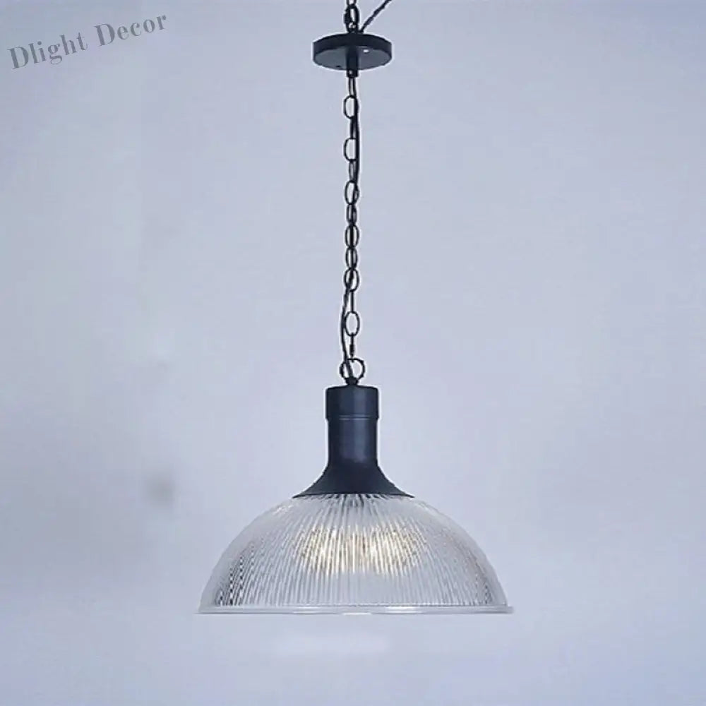 Hélène’s Clear Ribbed Glass Dome Pendant Light - Industrial Bronze Black Hanging For Living