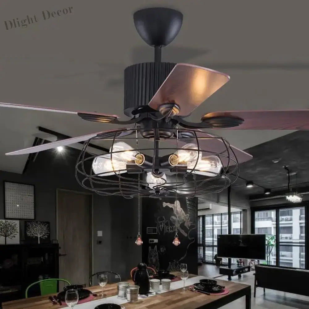 High Quality Loft Fan Chandelier Retro Dining Room Household Electric Mute Led Remote Leaf Lamp