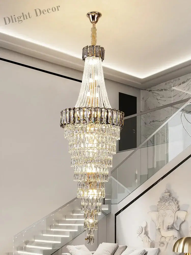 Large Modern Crystal Chandelier For Staircase Luxury Amber Smoky Gray Home Decor Hanging Light