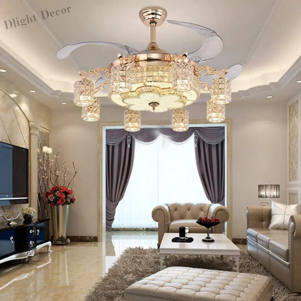 Led Crystal Gold Fan Lights Living Room Modern With Remote Control Luxury Ceiling Fans 110V 260V