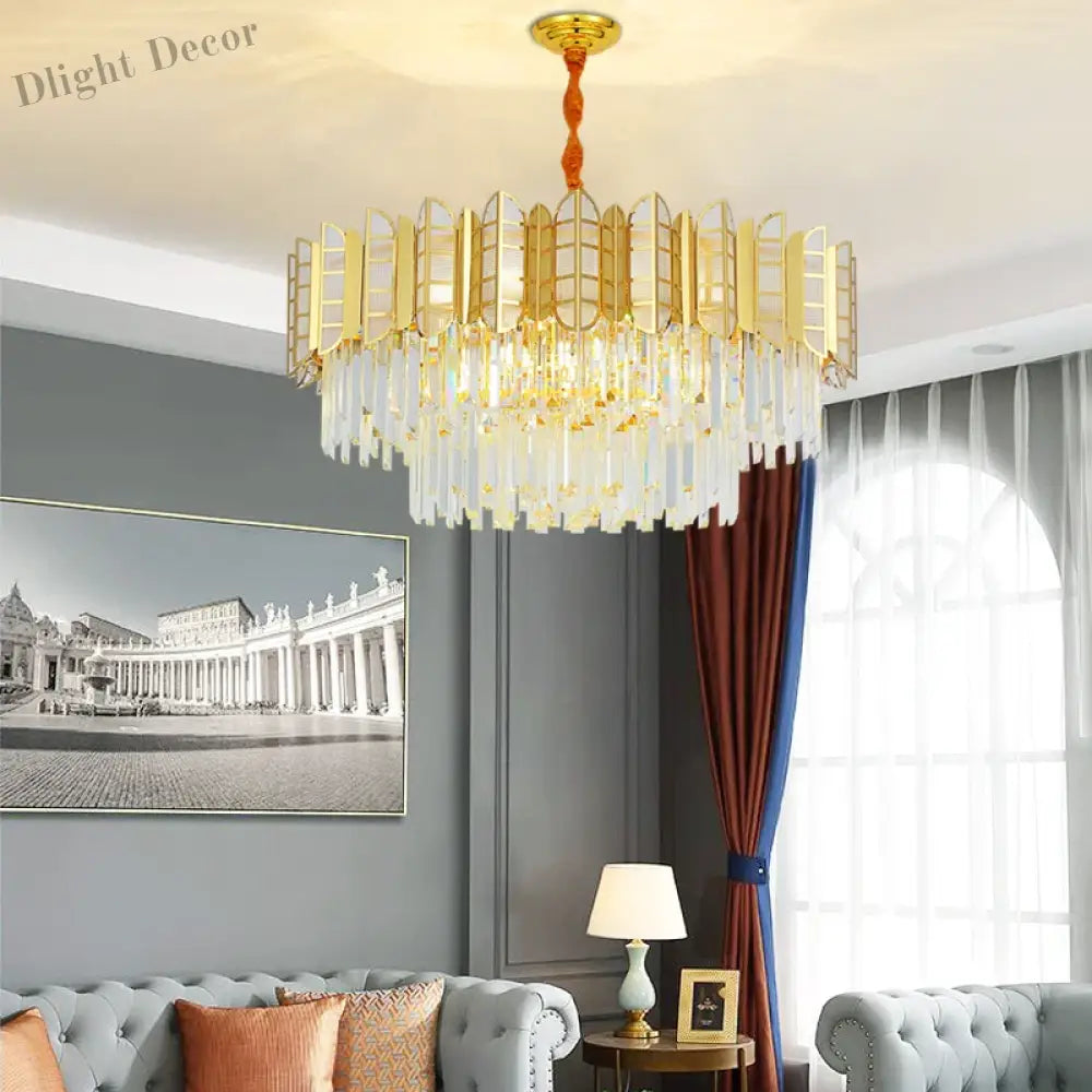 Led Stainless Steel Golden Post - Modern Chandelier - Light Luxury Crystal Elegance For Living