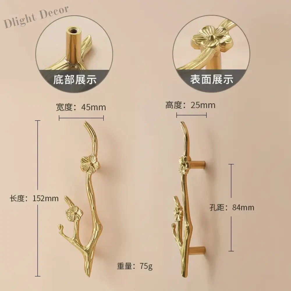 Luxury Brass Flower and Leaf Cabinet Handles – Chinese-Style Decorative Pulls for Wardrobes and Drawers 10-to left / 1