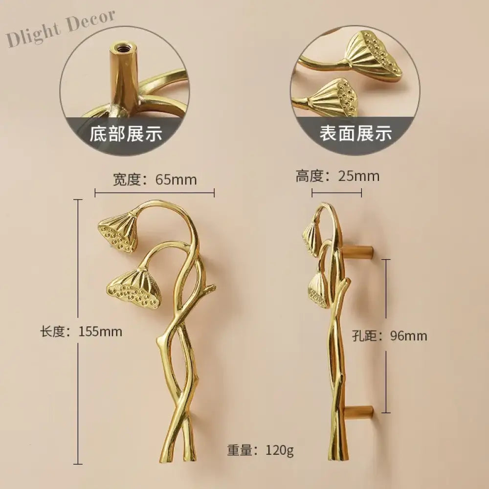 Luxury Brass Flower and Leaf Cabinet Handles – Chinese-Style Decorative Pulls for Wardrobes and Drawers 14-to left / 1