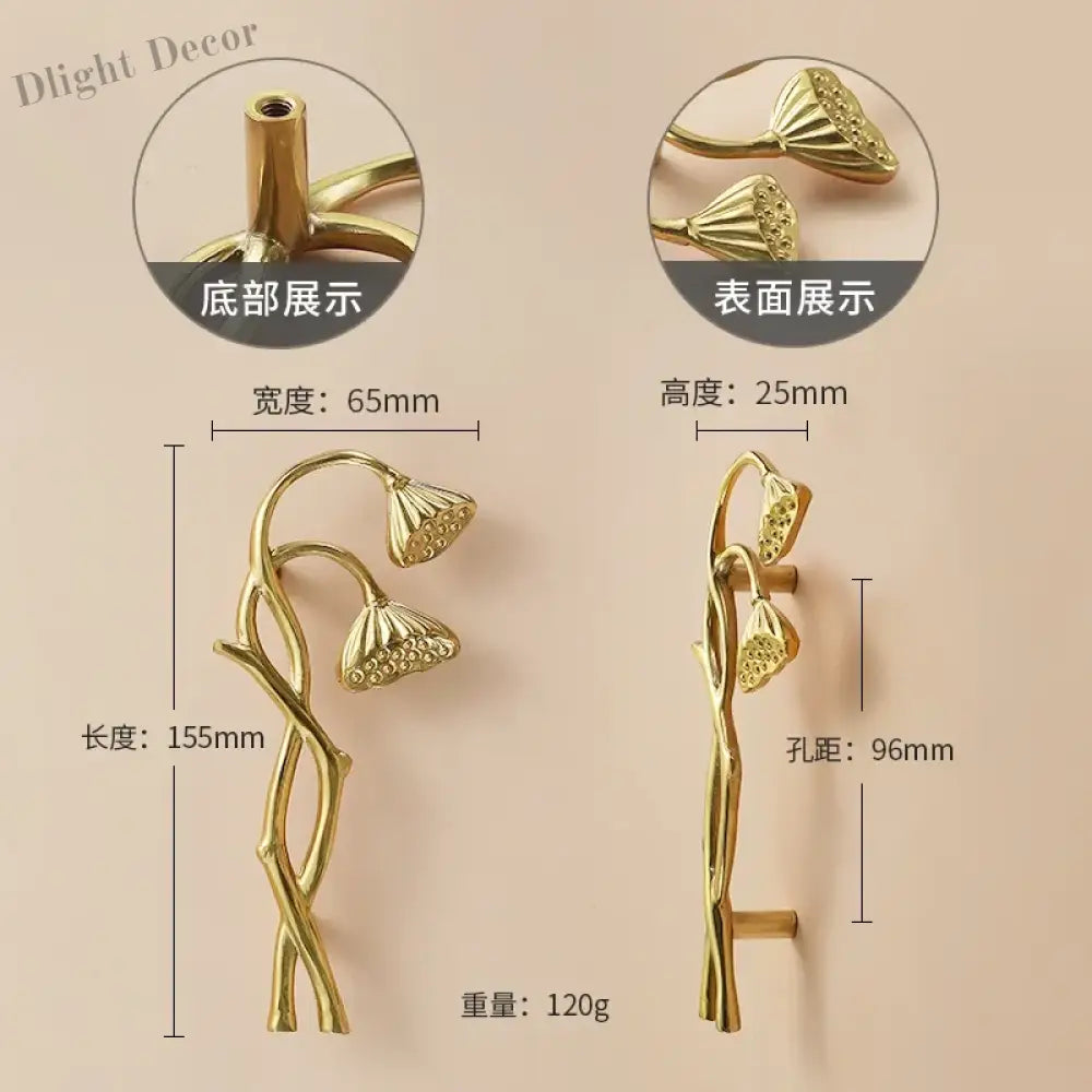 Luxury Brass Flower and Leaf Cabinet Handles – Chinese-Style Decorative Pulls for Wardrobes and Drawers 14-to right / 1