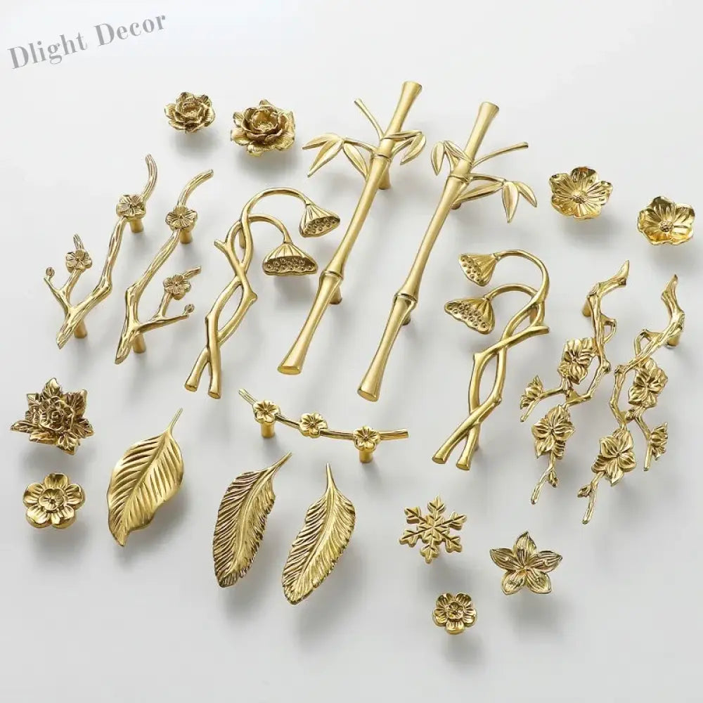 Luxury Brass Flower and Leaf Cabinet Handles – Chinese-Style Decorative Pulls for Wardrobes and Drawers Handles