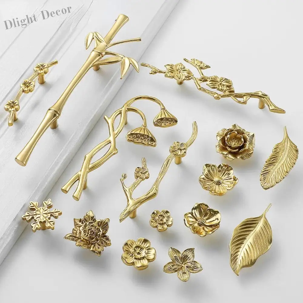 Luxury Brass Flower and Leaf Cabinet Handles – Chinese-Style Decorative Pulls for Wardrobes and Drawers Handles