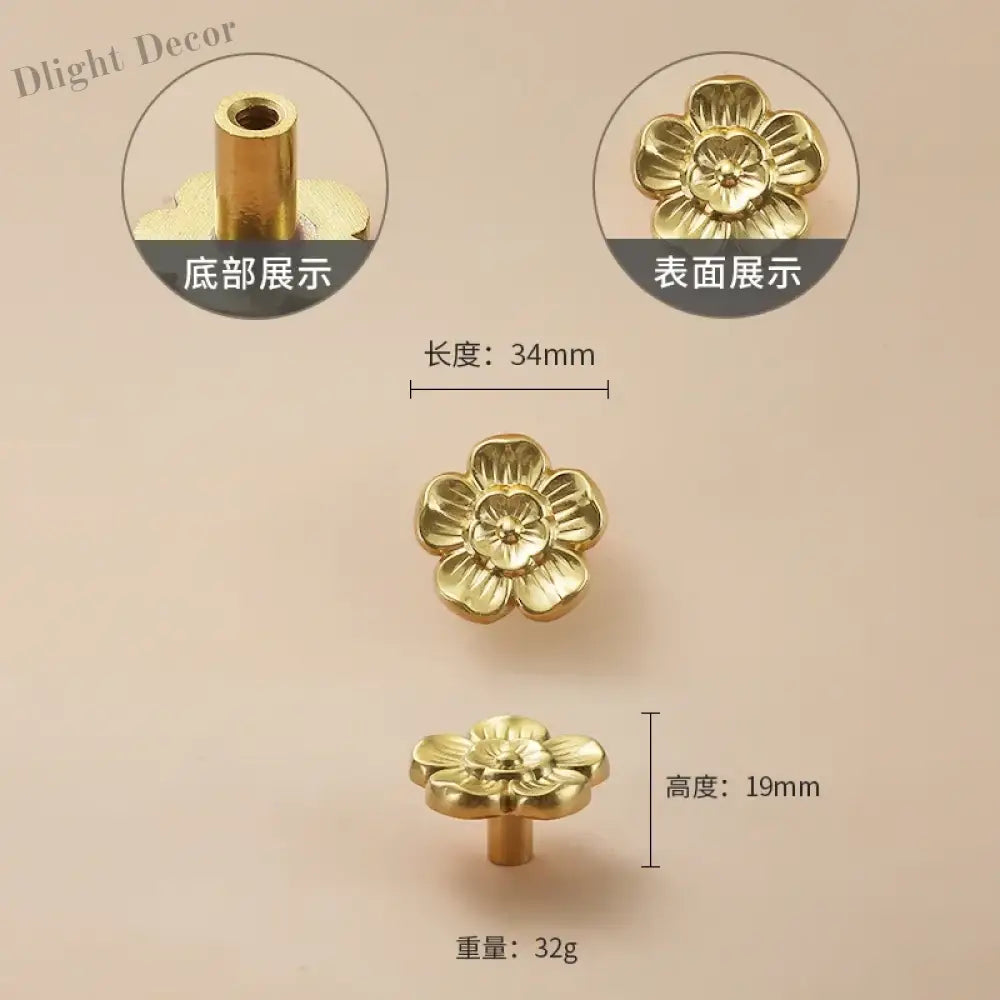 Luxury Brass Flower and Leaf Cabinet Handles – Chinese-Style Decorative Pulls for Wardrobes and Drawers 7-big / 1 piece