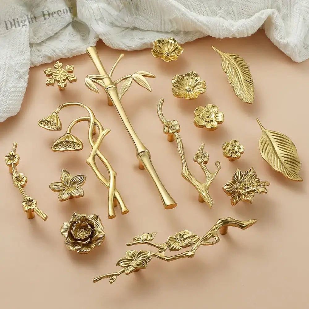 Luxury Brass Flower and Leaf Cabinet Handles – Chinese-Style Decorative Pulls for Wardrobes and Drawers Handles