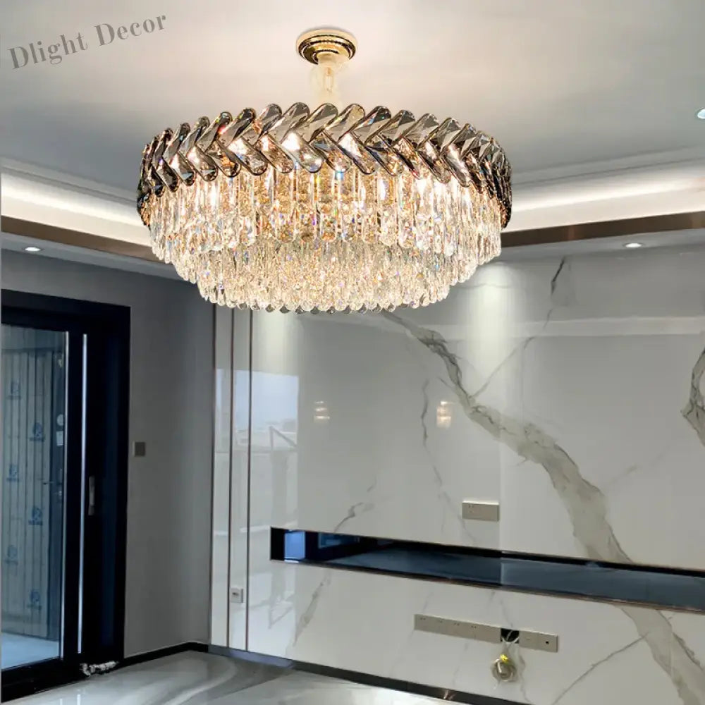 Luxury Living Room Crystal Chandelier - Elegance In Round Gold Design With Led Illumination