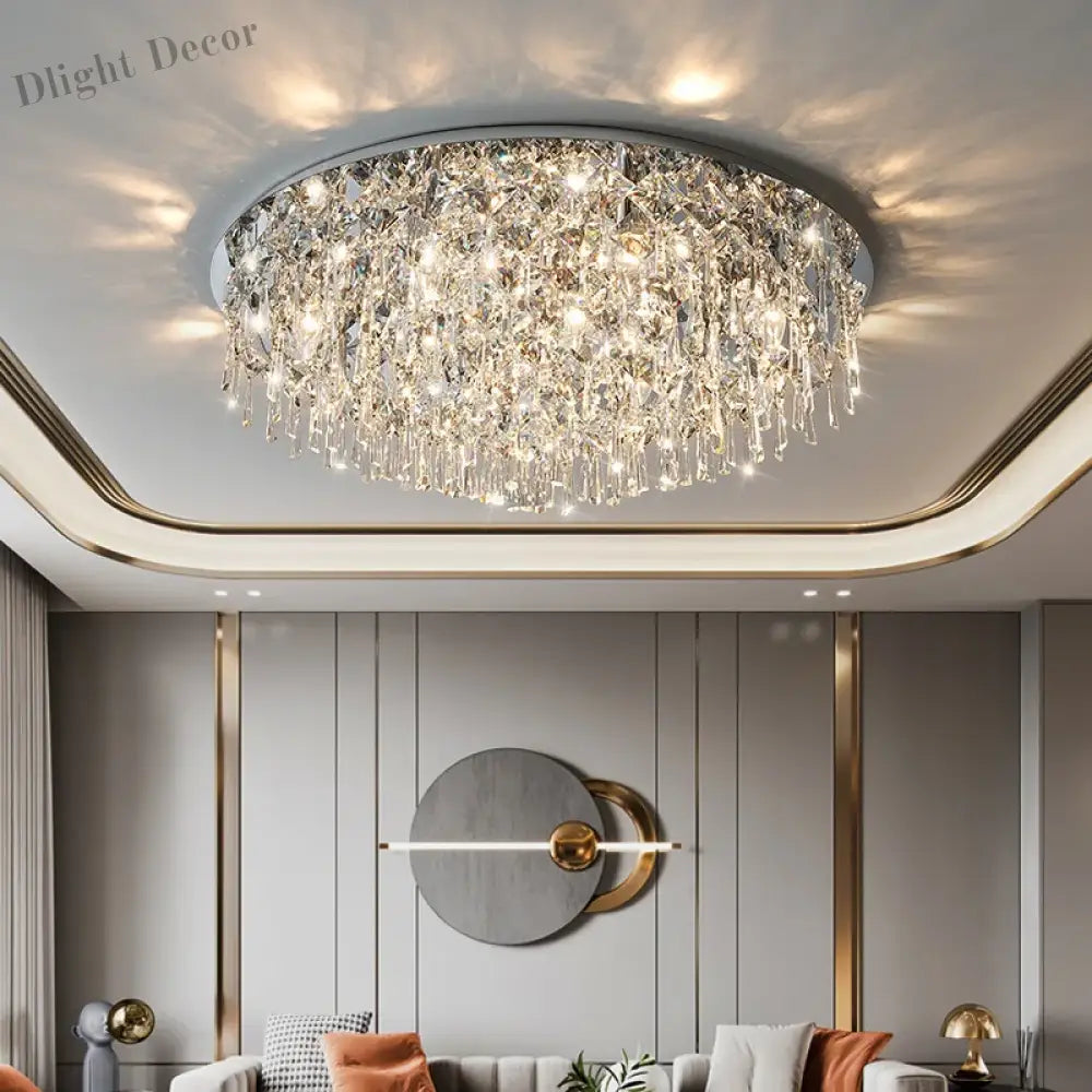 Luxury Modern K9 Crystals Ceiling Lamp - Chrome Steel Led Light For Art Deco Bedroom Lighting