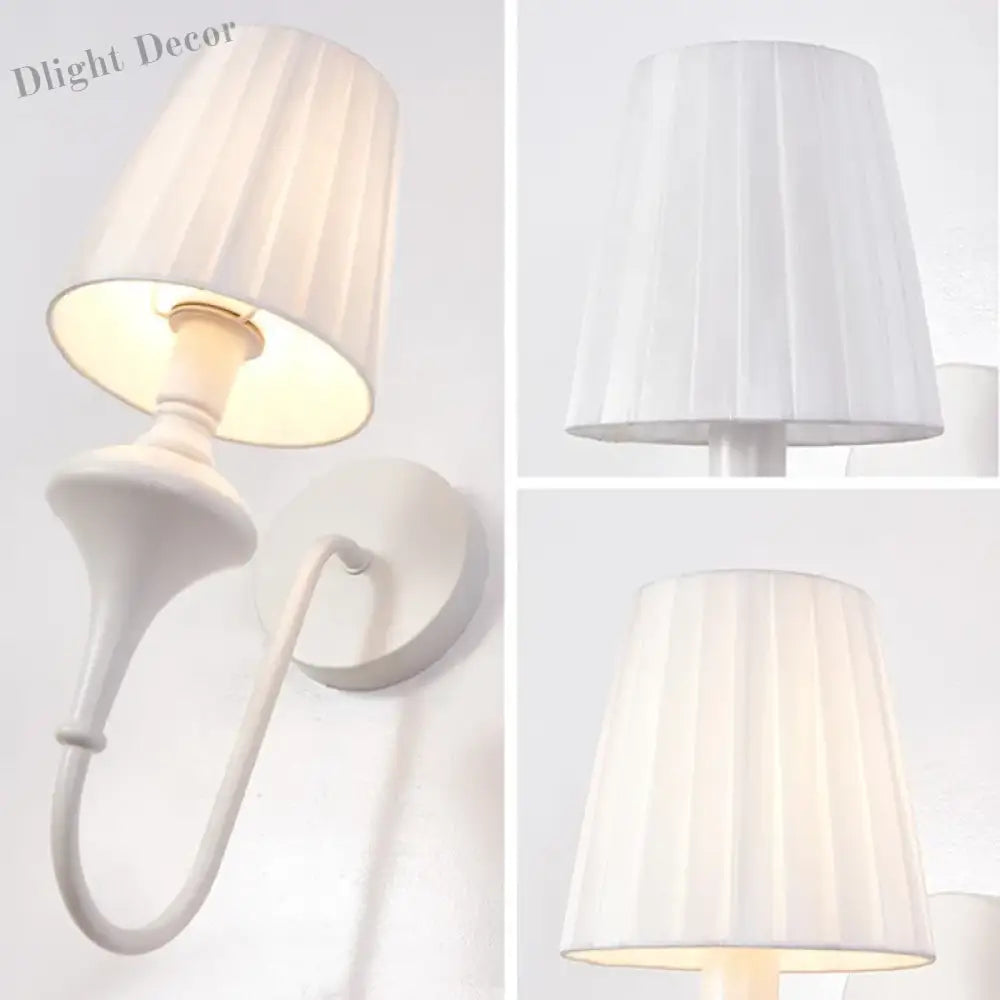 Modern Elegant White Fabric Shade Wall Lamps - 1 - Light Romantic E14 Socket Bedside Sconce Light