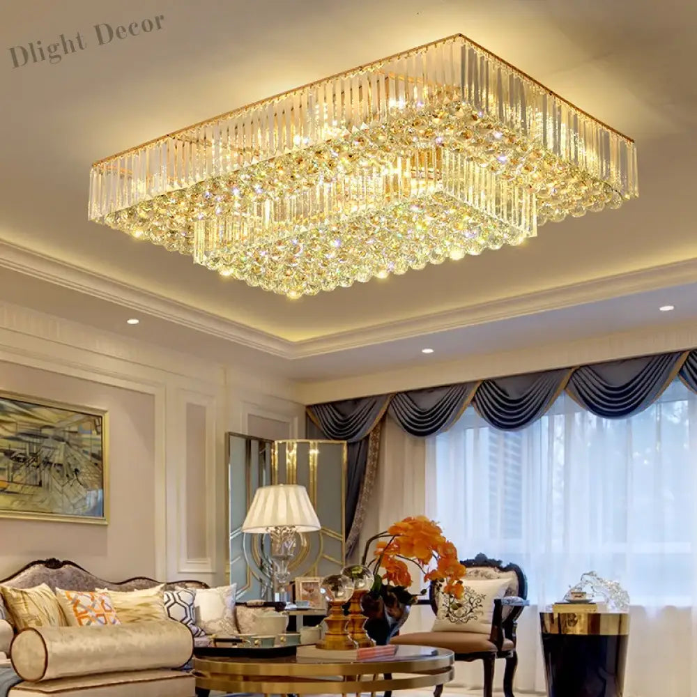 Modern Golden Rectangle Round Crystal Ceiling Light - Elegant Led Lighting For Living Rooms Dining