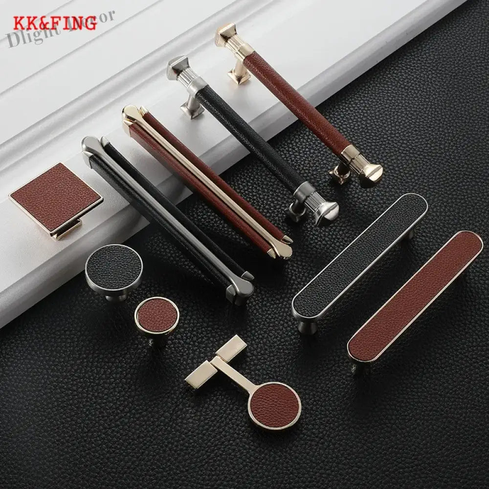 Modern Leather and Zinc Alloy Cabinet Handle – Elegant Drawer Pulls for Kitchen Wardrobe and Furniture (96mm) Handles