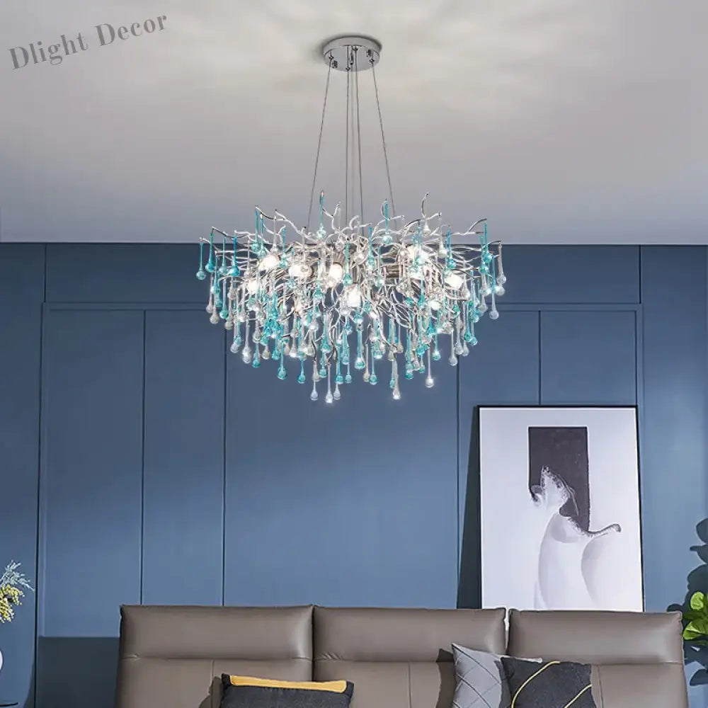 Modern Led Blue Water Droplets Ceiling Chandelier - Luxury Elegance For Villas And Living Spaces