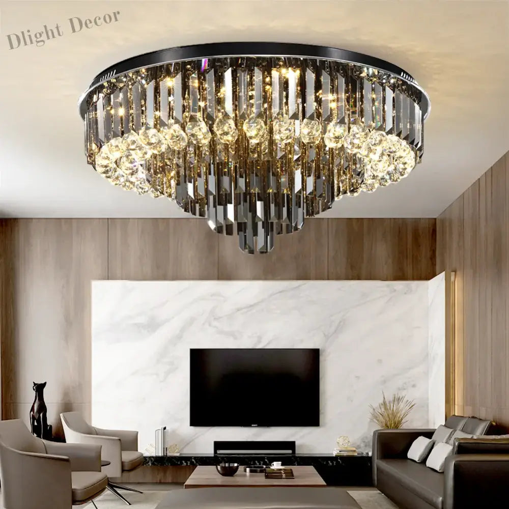 Modern Led Crystal Ceiling Chandelier - Creative Home Decor Lamp In Round Luxury Design (Black Gold