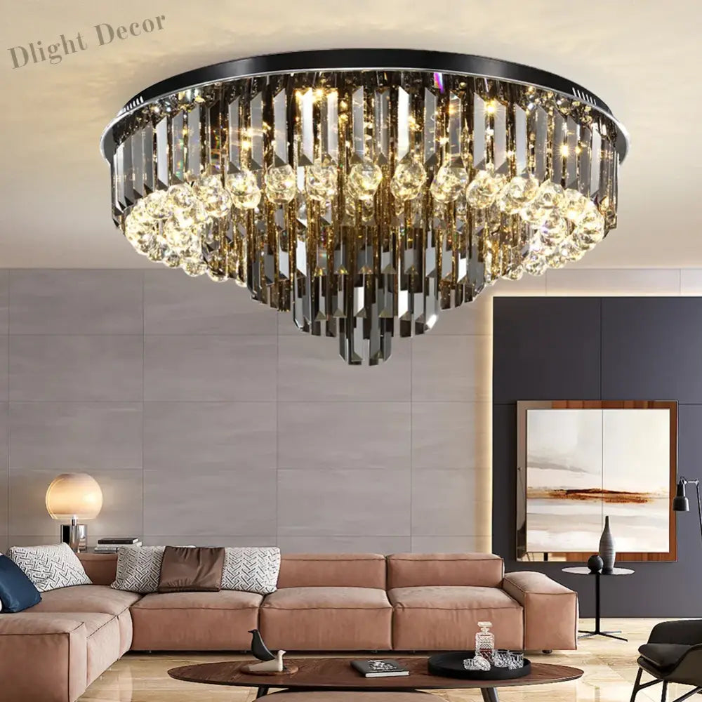 Modern Led Crystal Ceiling Chandelier - Creative Home Decor Lamp In Round Luxury Design (Black Gold