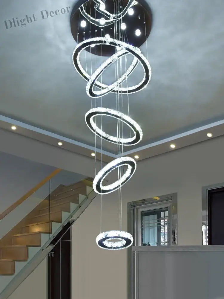 Modern Luxury Crystal Staircase Chandelier - Rings Design For Loft Villa And Lobby Indoor Lighting