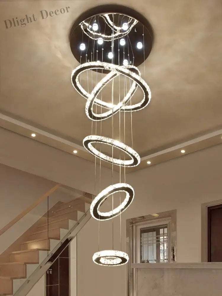 Modern Luxury Crystal Staircase Chandelier - Rings Design For Loft Villa And Lobby Indoor Lighting