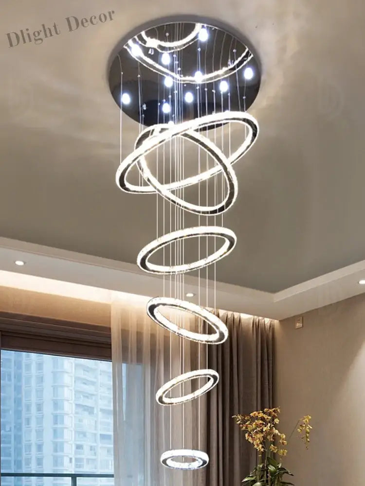 Modern Luxury Crystal Staircase Chandelier - Rings Design For Loft Villa And Lobby Indoor Lighting