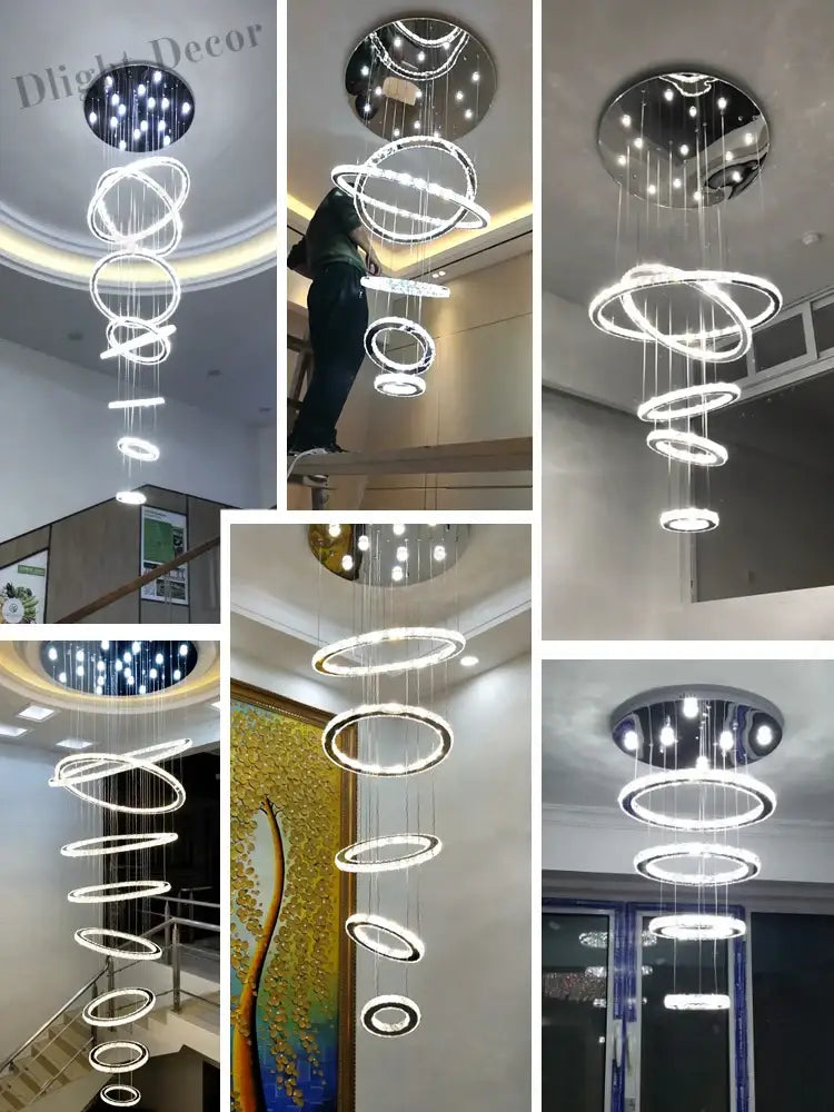 Modern Luxury Crystal Staircase Chandelier - Rings Design For Loft Villa And Lobby Indoor Lighting