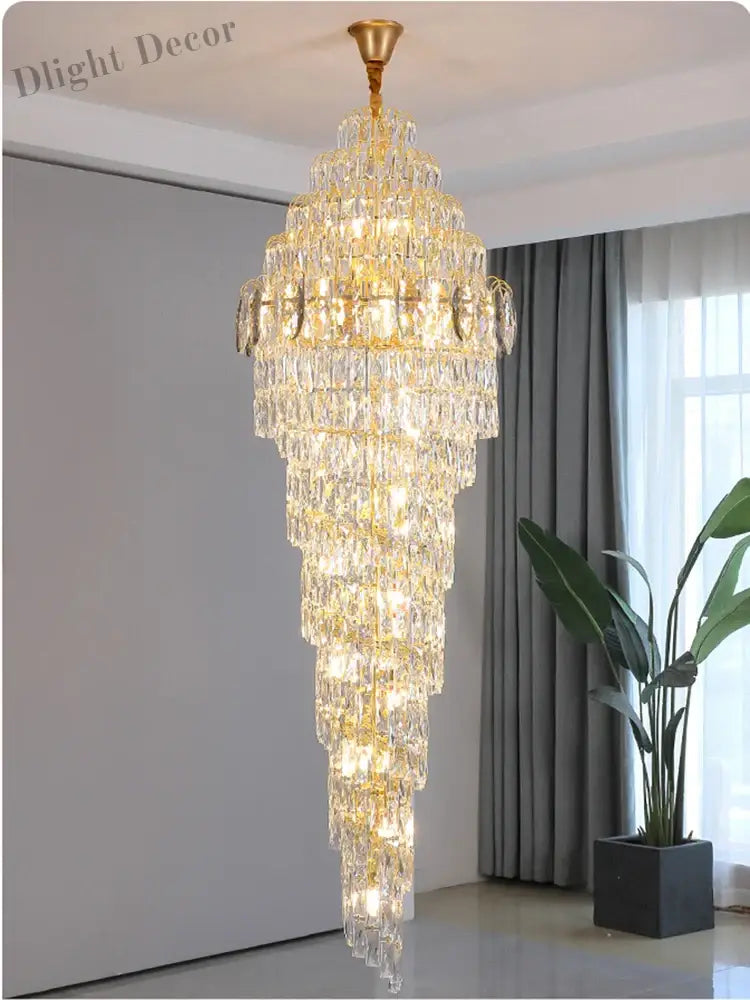 Modern Luxury Staircase Chandelier - Golden Elegance With Crystal Accents For Duplex Buildings High