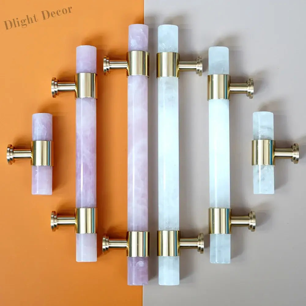 Natural Marble and Crystal T-Bar Cabinet Handles – Modern Brass Knobs for Kitchen Dresser and Furniture Pulls Handles