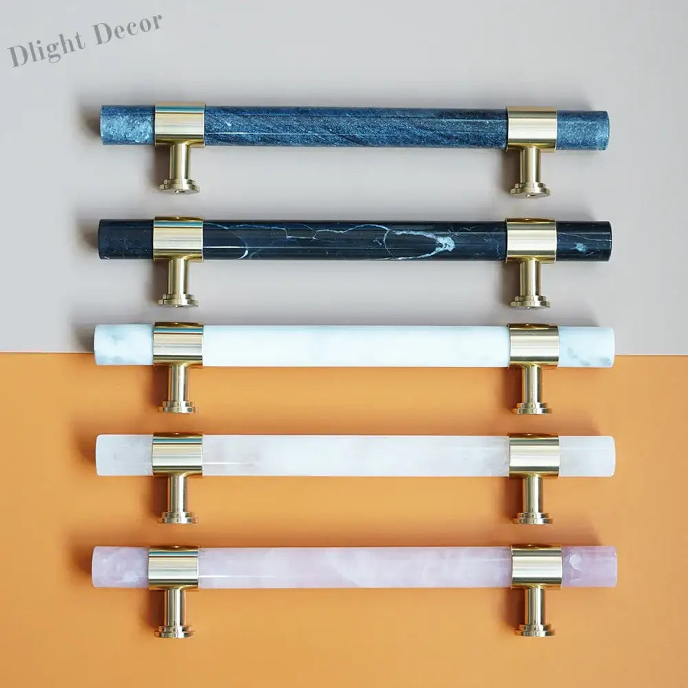 Natural Marble and Crystal T-Bar Cabinet Handles – Modern Brass Knobs for Kitchen Dresser and Furniture Pulls Handles