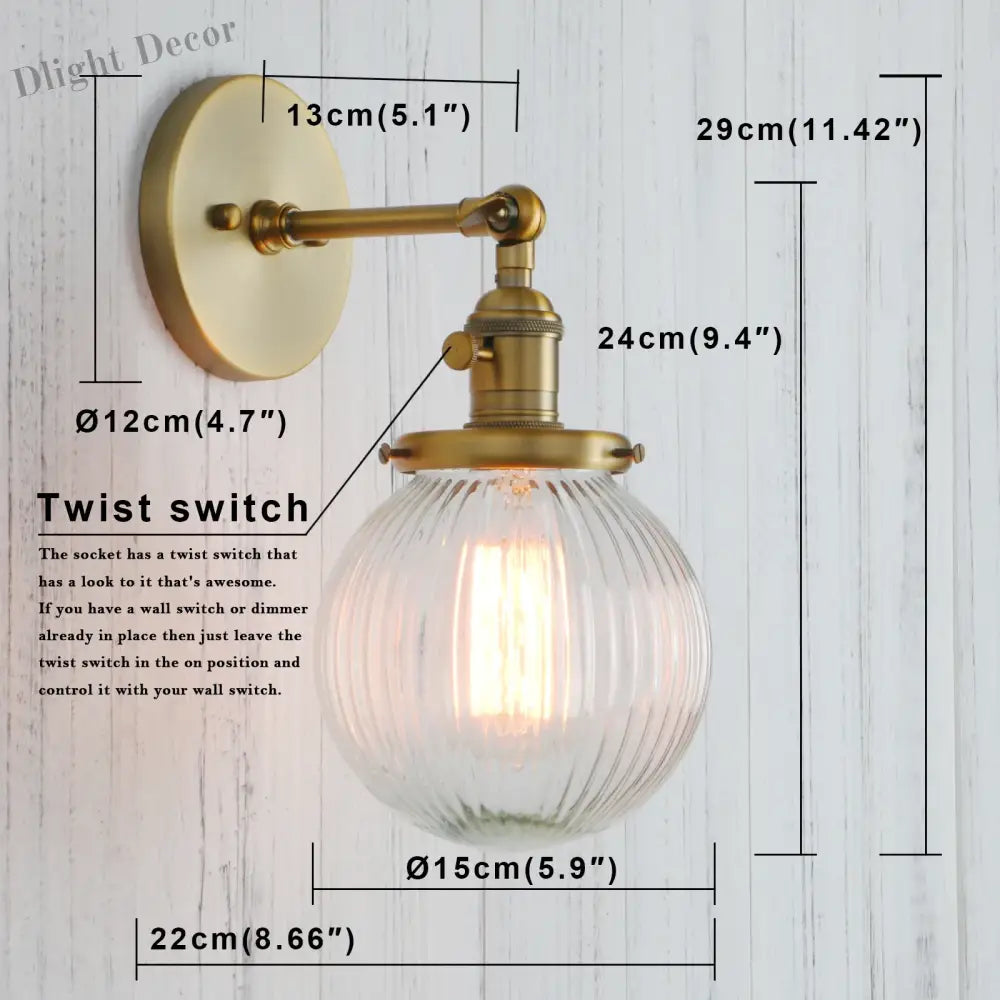 Permo Industrial Ribbed Globe Glass Wall Light - Stylish Switched Sconces For Kitchen Living Room