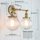 Phansthy Vintage Double Head Wall Sconces - Retro Rustic Lamps With Globe Glass Shades And Switch