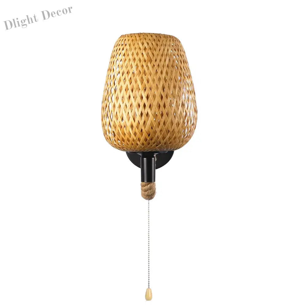 Retro Bamboo Rattan Wall Light With Switch - Vintage Hemp Rope Sconce For Bedroom And Home