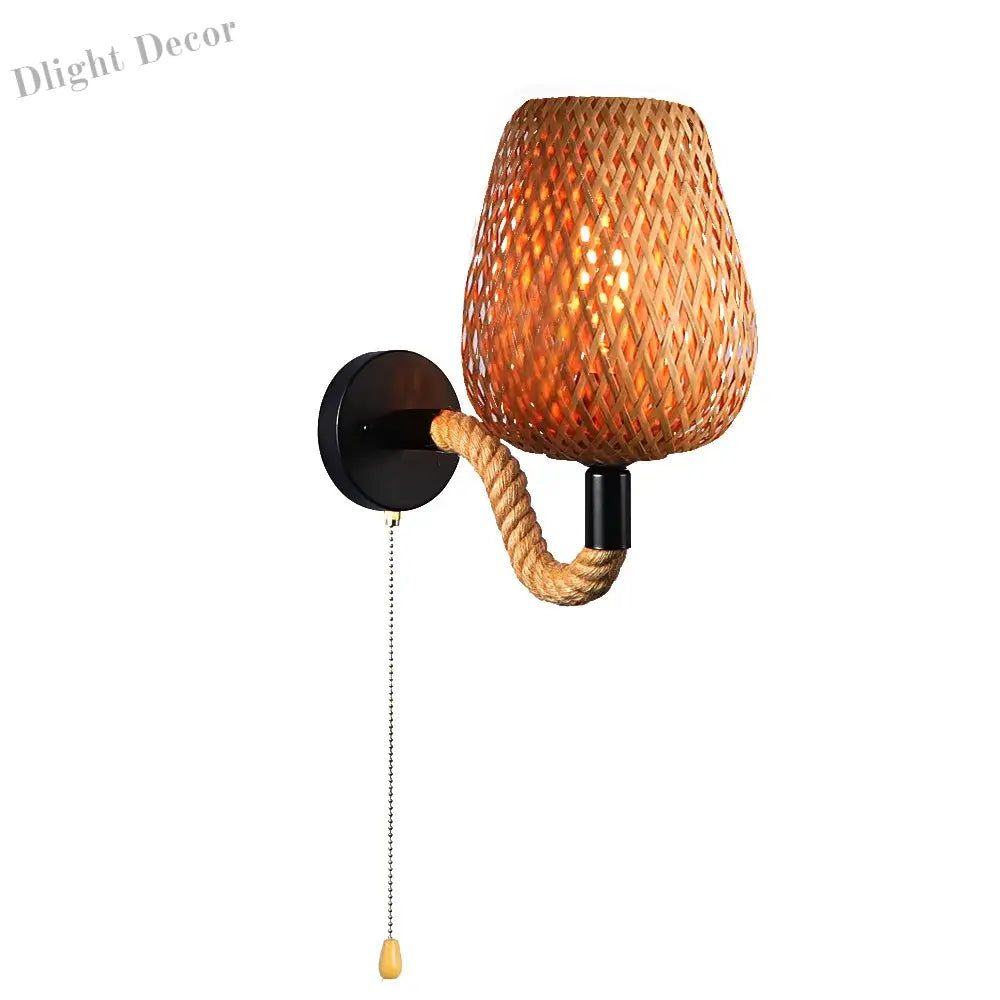 Retro Bamboo Rattan Wall Light With Switch - Vintage Hemp Rope Sconce For Bedroom And Home