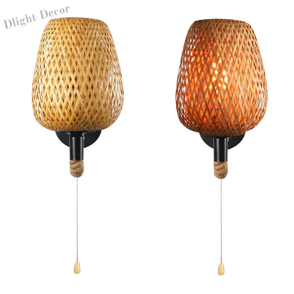 Retro Bamboo Rattan Wall Light With Switch - Vintage Hemp Rope Sconce For Bedroom And Home