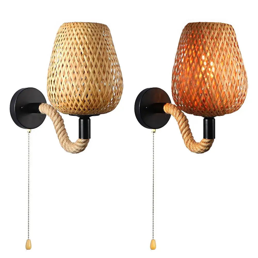 Retro Bamboo Rattan Wall Light With Switch - Vintage Hemp Rope Sconce For Bedroom And Home