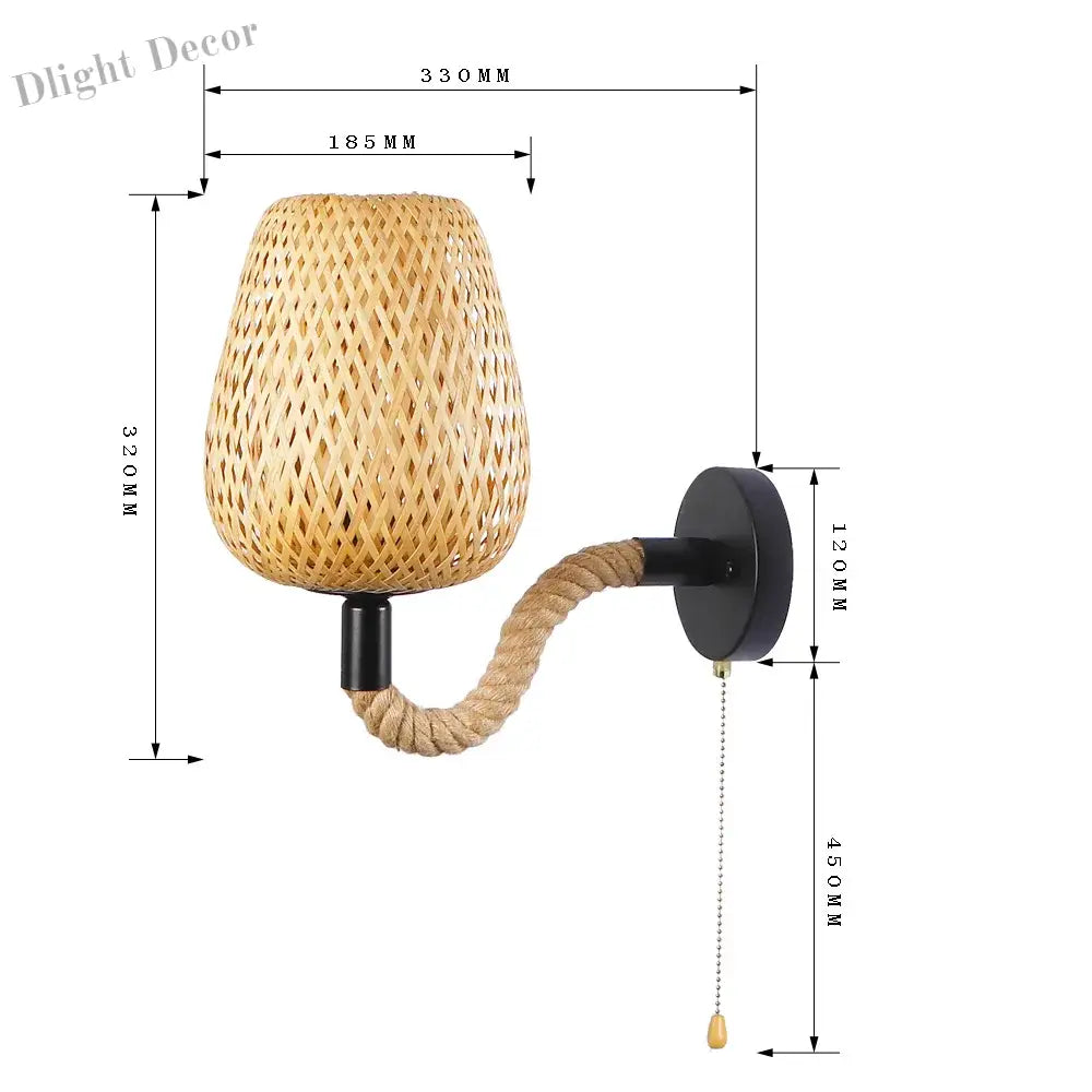 Retro Bamboo Rattan Wall Light With Switch - Vintage Hemp Rope Sconce For Bedroom And Home