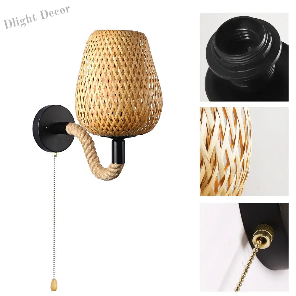 Retro Bamboo Rattan Wall Light With Switch - Vintage Hemp Rope Sconce For Bedroom And Home