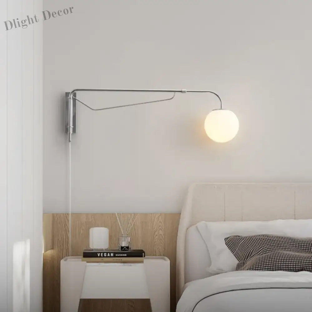 Rocker Arm Wall Lamp - Modern Bedroom And Living Room Reading Light With Milky White Glass Bubble