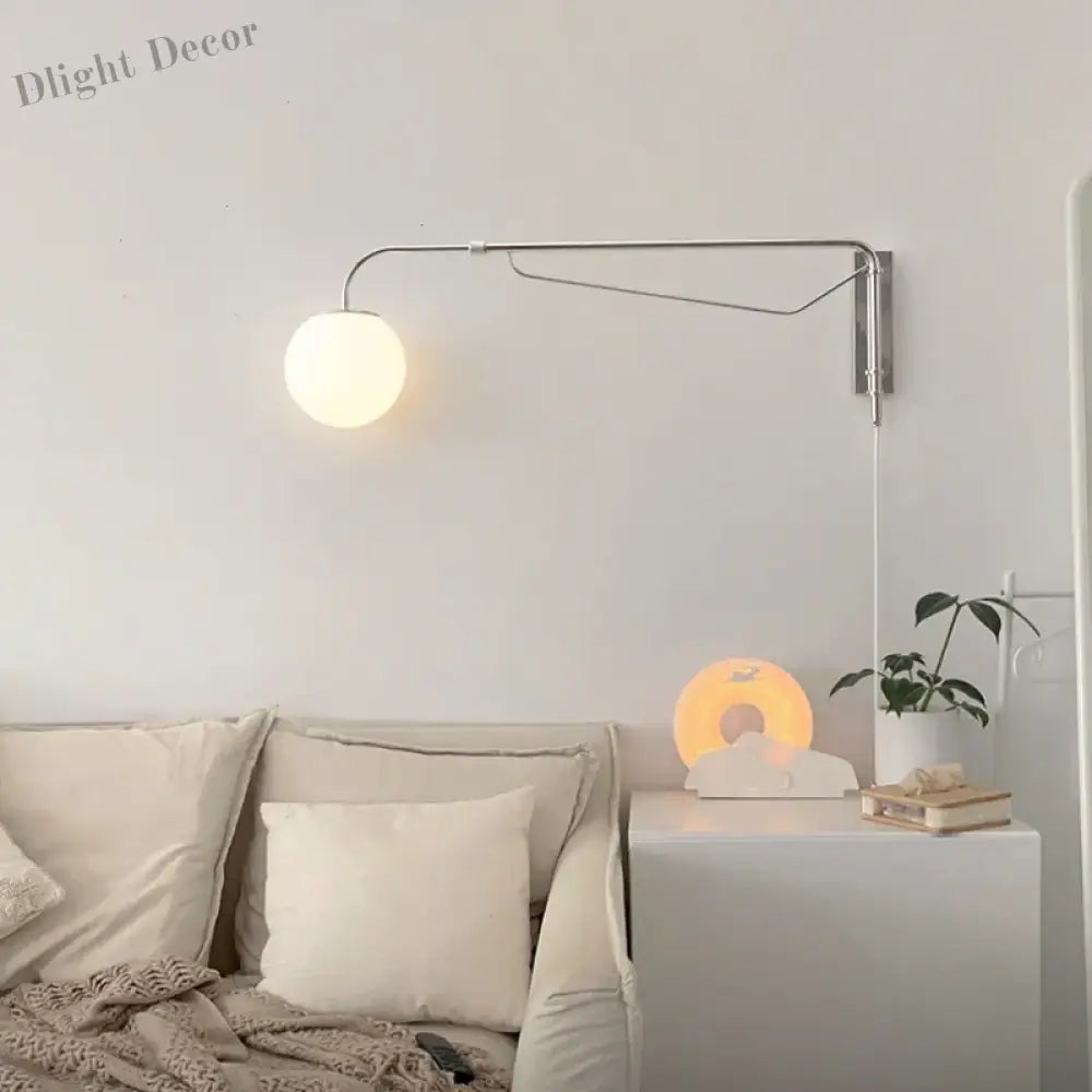 Rocker Arm Wall Lamp - Modern Bedroom And Living Room Reading Light With Milky White Glass Bubble