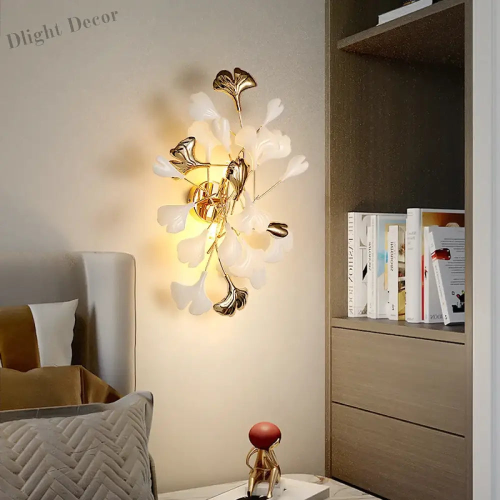 Romantic Flowers Foyer Led Wall Lamp - Ceramics And Leaf Artistic Sconce With Gold Metal Accents