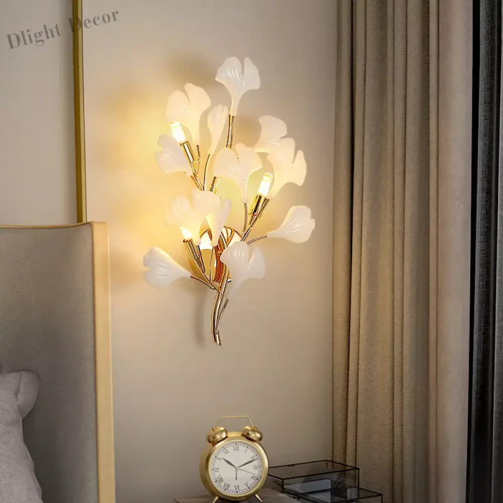 Romantic Flowers Foyer Led Wall Lamp - Ceramics And Leaf Artistic Sconce With Gold Metal Accents