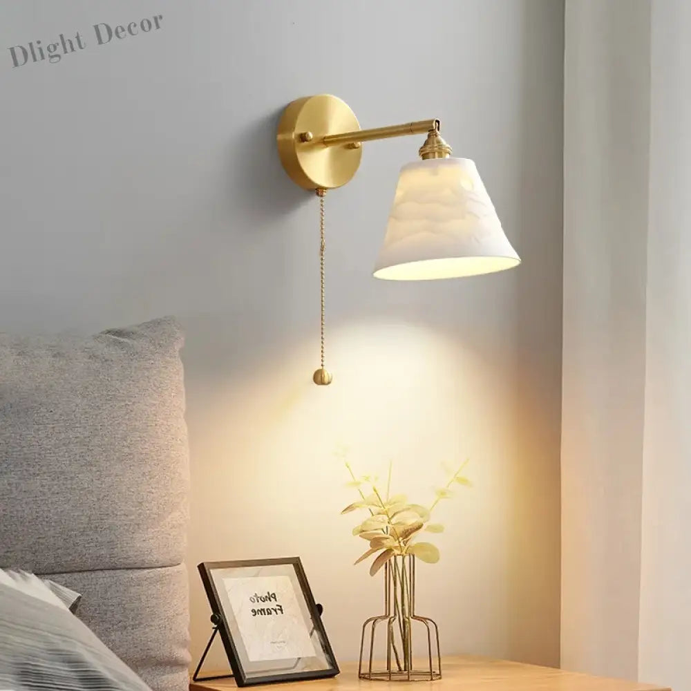 Rotary Brass Ceramic Wall Lamp With Pull Switch - Customizable Led Sconce For Bedroom And Interior