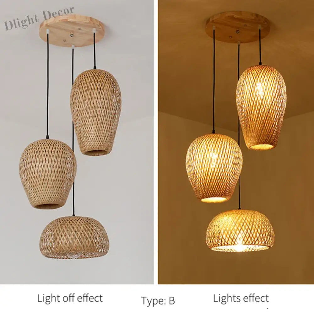 Set Of 3 Modern Hand - Knitted Bamboo Rattan Pendant Lights - Weaving Elegance For Your Home