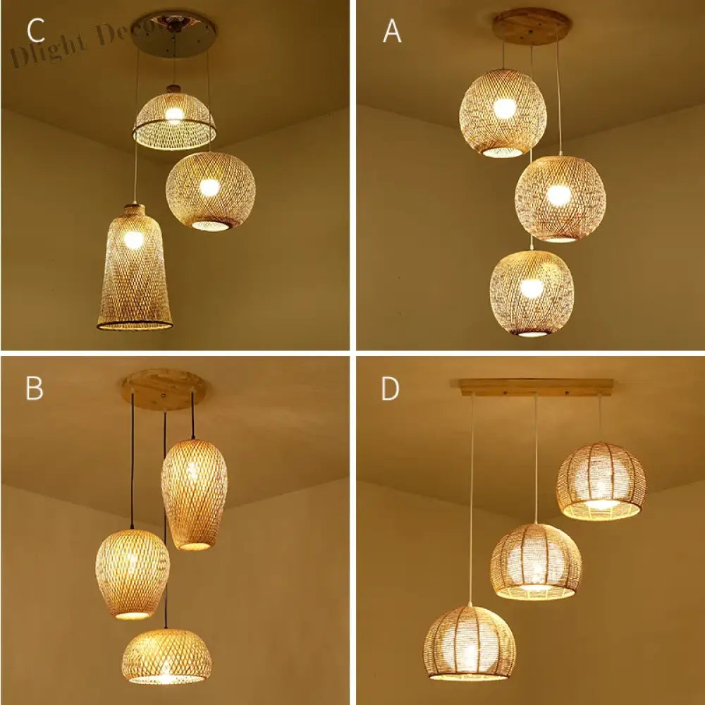 Set Of 3 Modern Hand - Knitted Bamboo Rattan Pendant Lights - Weaving Elegance For Your Home