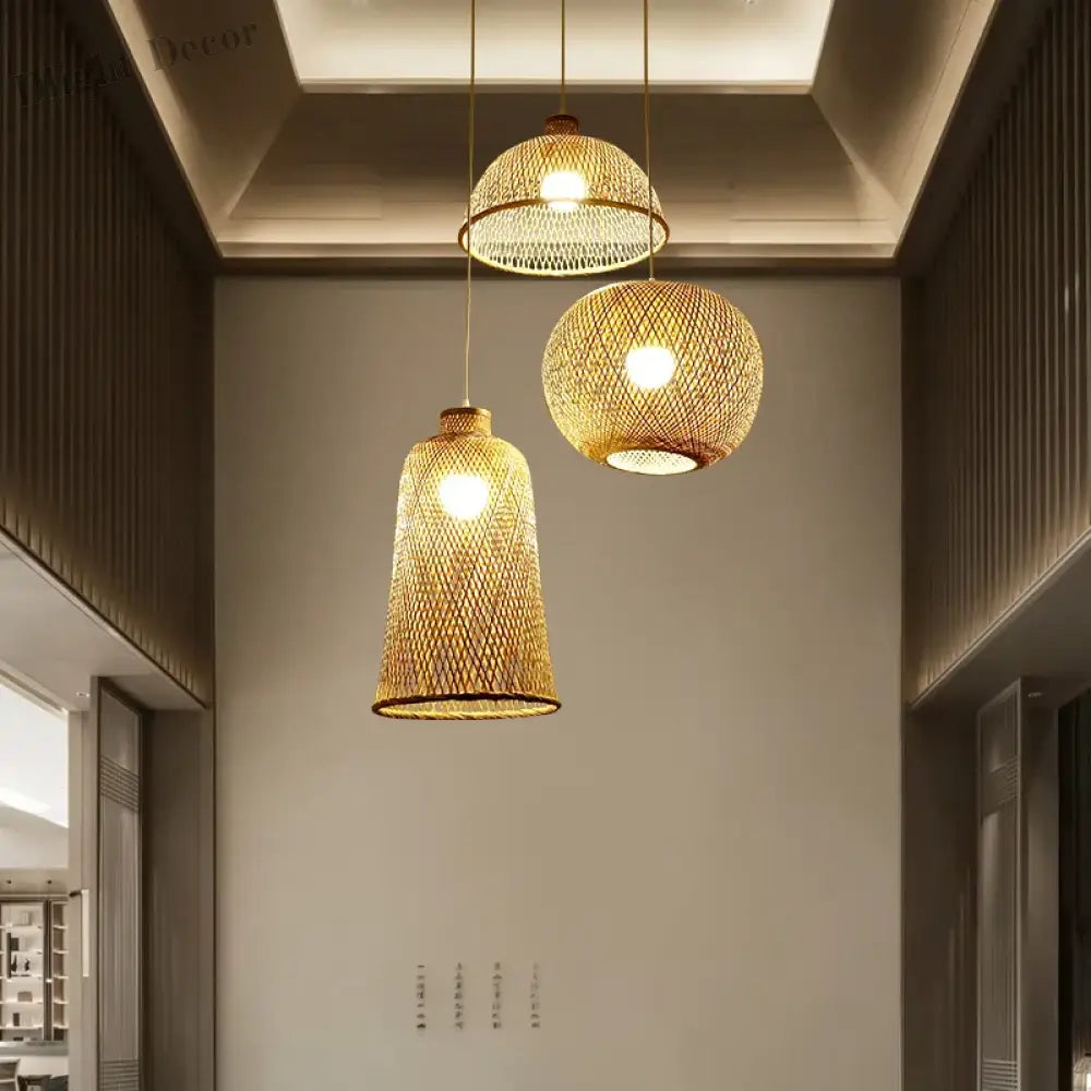 Set Of 3 Modern Hand - Knitted Bamboo Rattan Pendant Lights - Weaving Elegance For Your Home