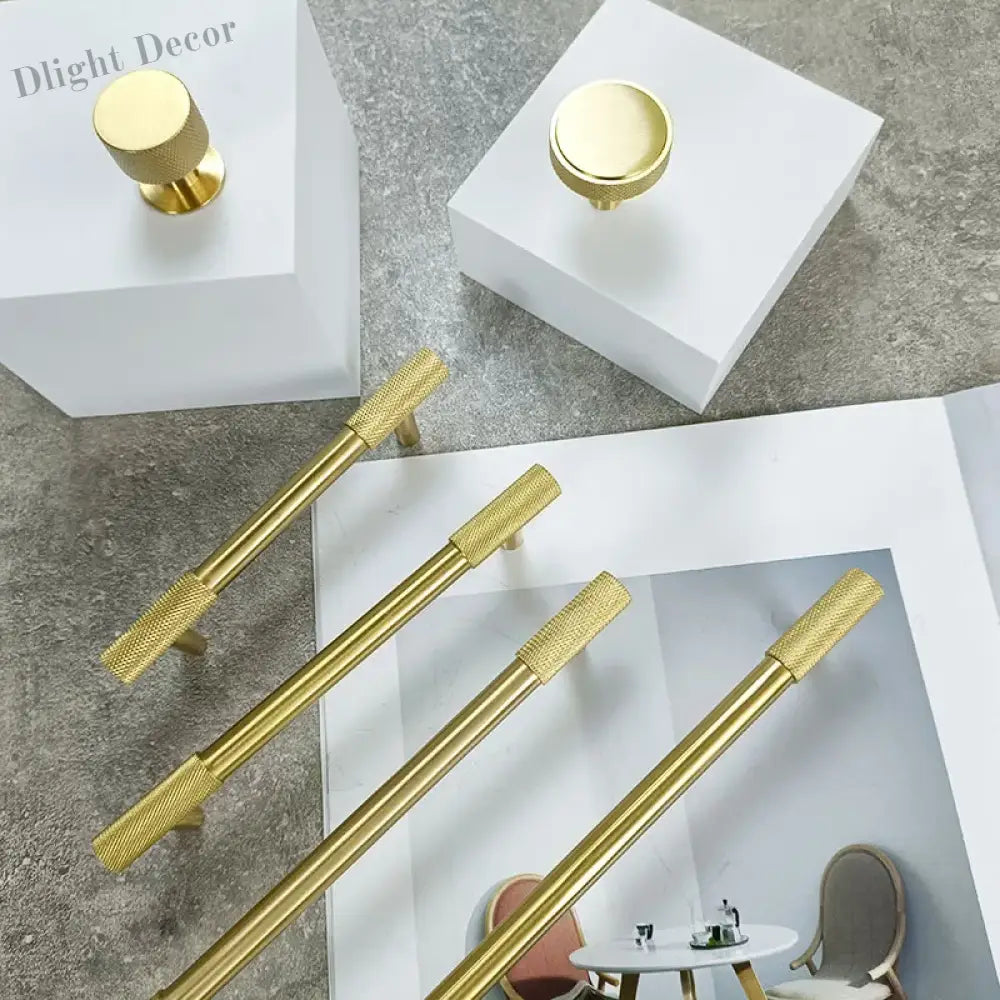 Solid Brass Knurled Cabinet Handles – Satin Gold Long Wardrobe Bar Pulls and Drawer T-Bars Handles